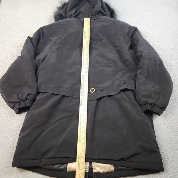 Women's Black Parka Jacket Large Faux Fur Lined Hood Gold Trim Preppy Cozy Layer - Picture 6 of 11